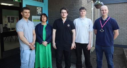 Joseph Anderson, student, Marie Jameson, Student Carer Coordinator, with students, Reece Bell and Levi Adams-McCready, and Ryan Major, Deputy Head of School of Computing.